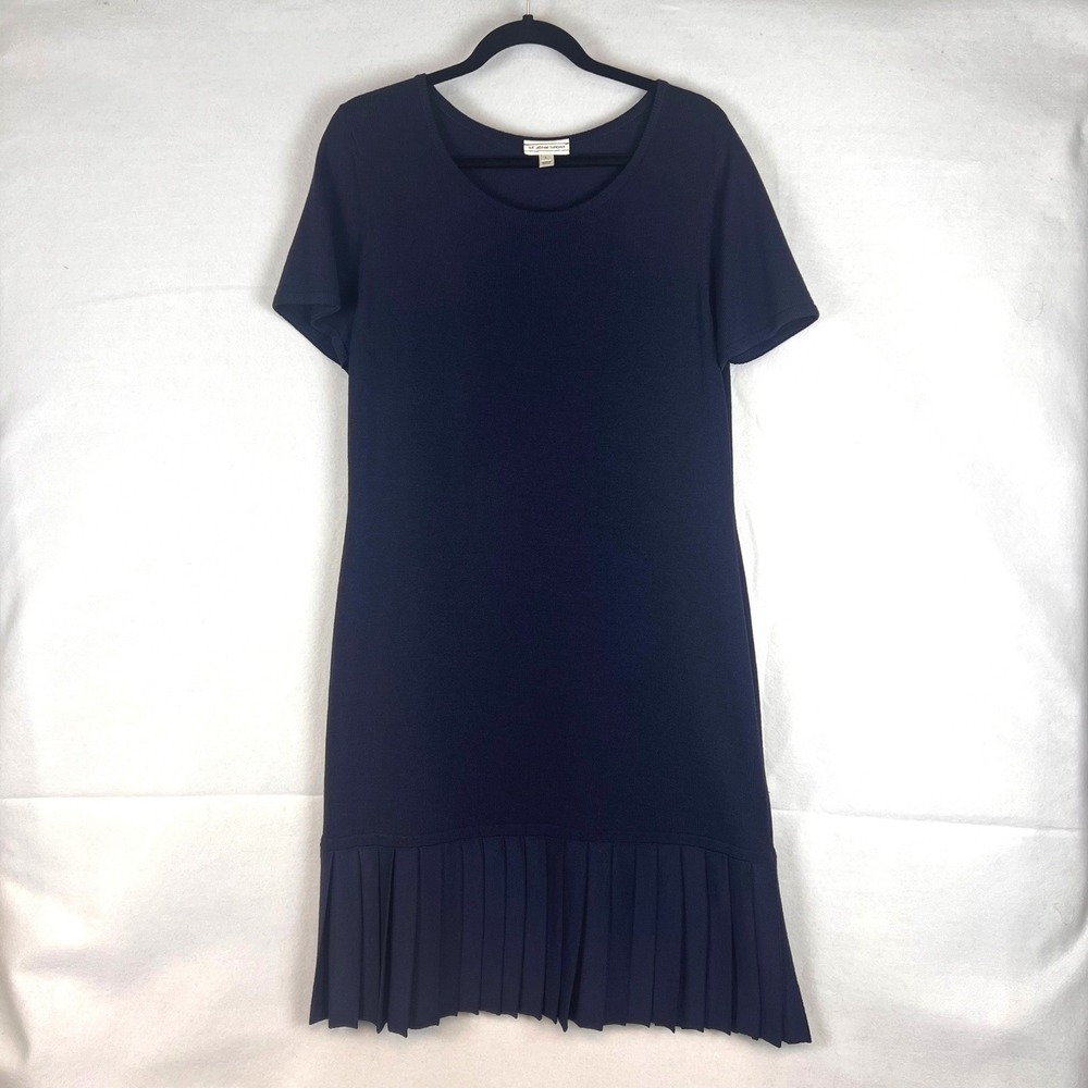 Vintage St. John Sport Womens Wool Knit Pleated Drop Waist Dress L Navy Blue